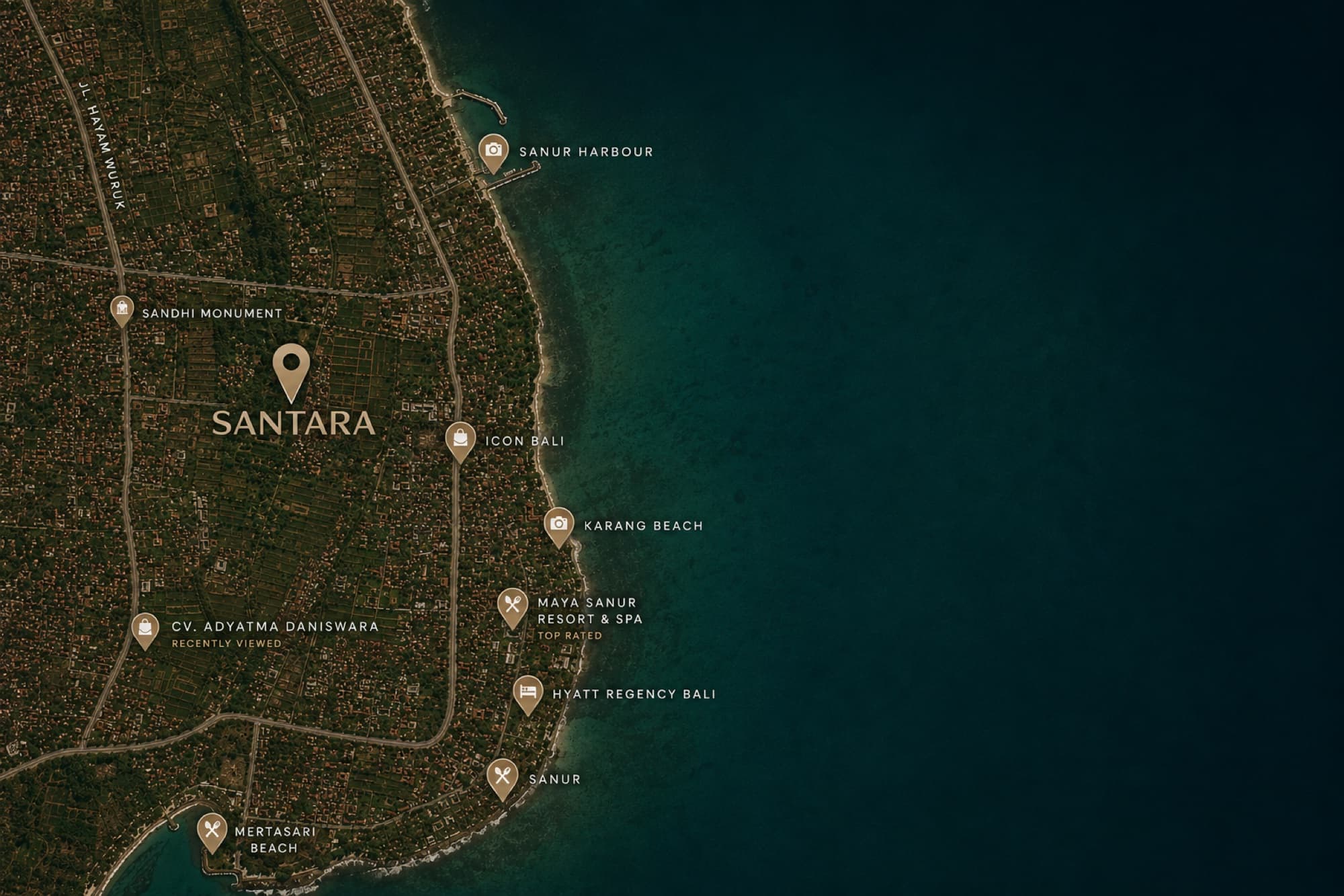 Map of Sanur showing Santara's location near the beach